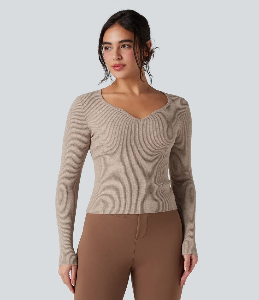 Ribbed Knit Sweetheart Neck Long Sleeve Work Sweater