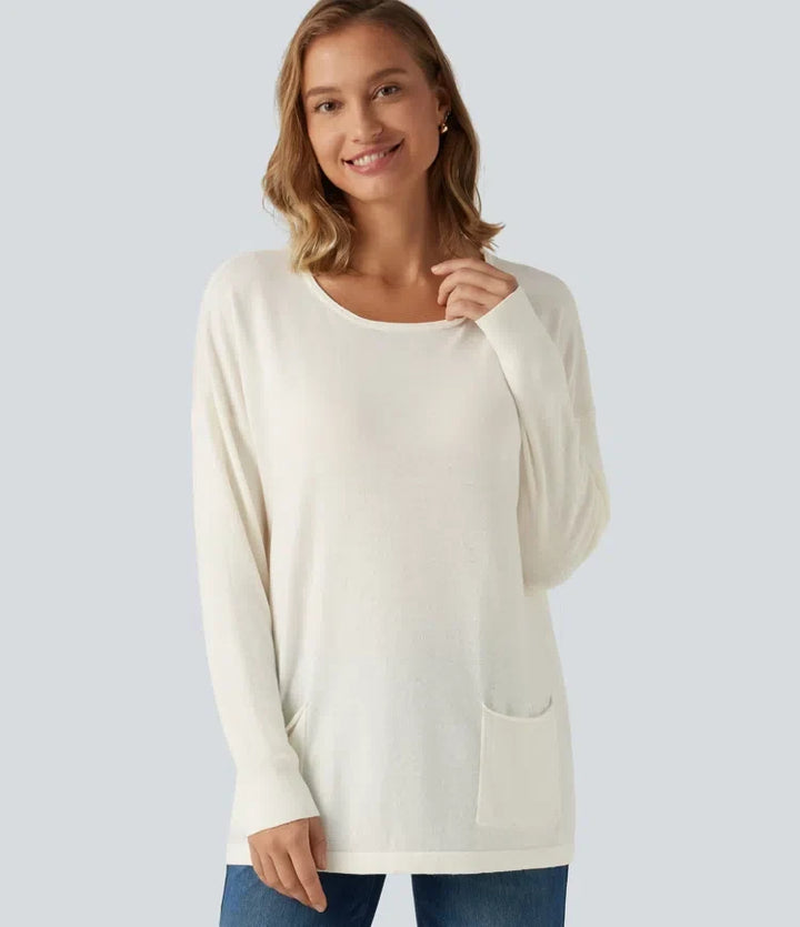 Round Neck Long Sleeve Casual Sweater with Pockets
