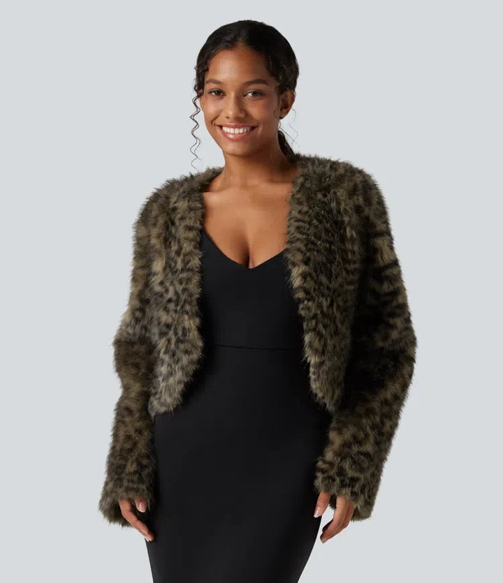 V Neck Long Sleeve Casual Faux Fur Coat