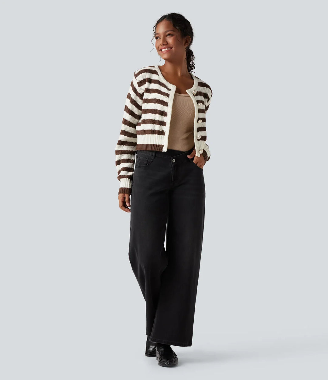 Round Neck Long Sleeve Stripe Work Cardigan