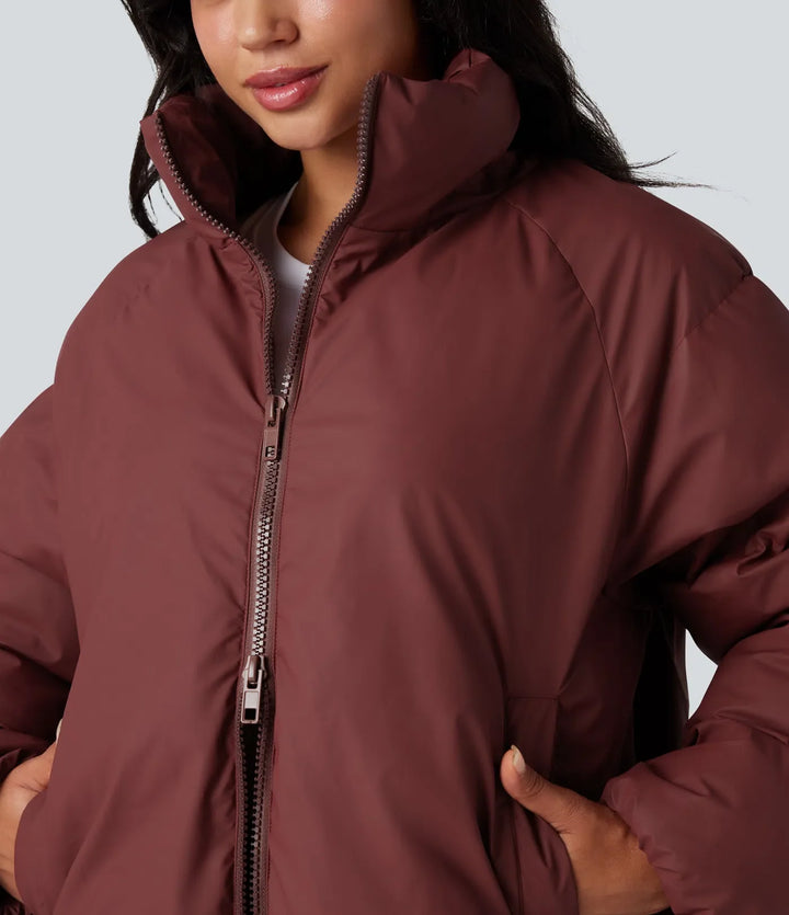 High-neck Drawstring Hem Oversize Casual Puffer Jacket with Pockets