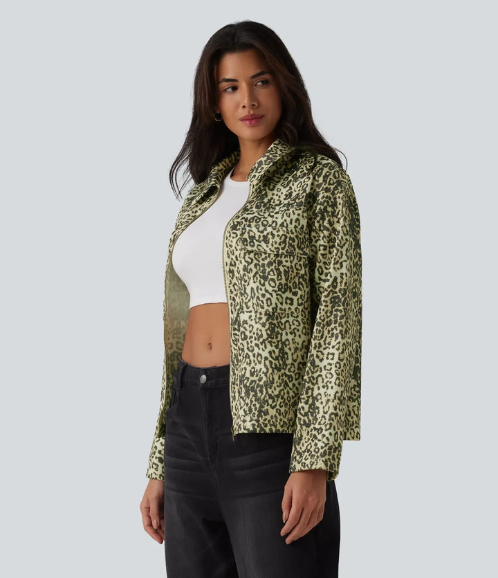 Long Sleeve Zipper Leopard Print Casual Jacket with Pockets
