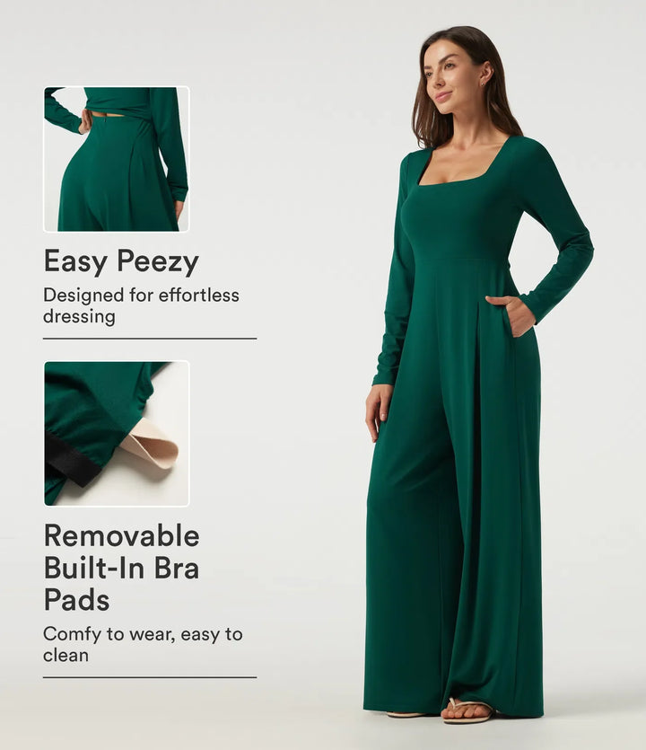 Square Neck Long Sleeve Built-in Bra Wide Leg Casual Jumpsuit with Pockets-Easy Peezy Edition