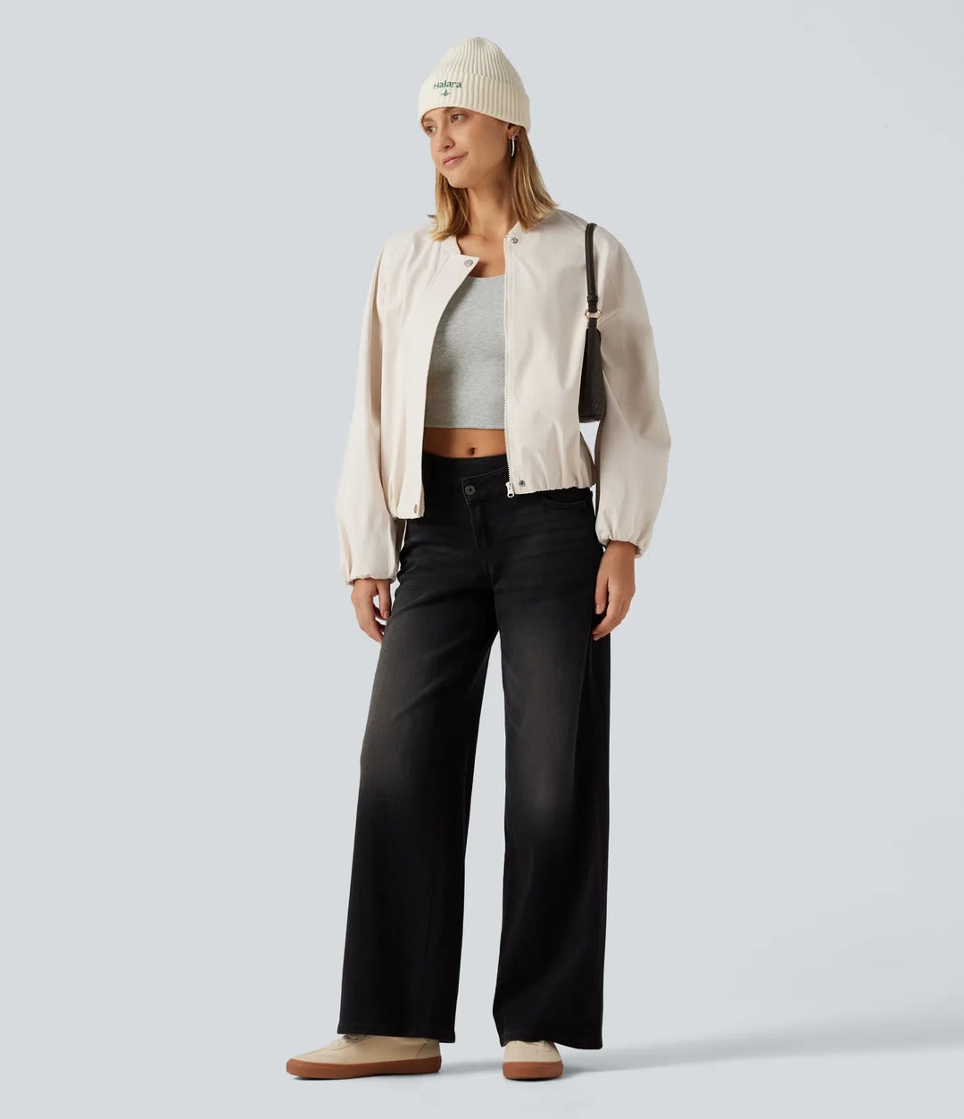 Round Neck Long Sleeve Casual Bomber Jacket with Pockets