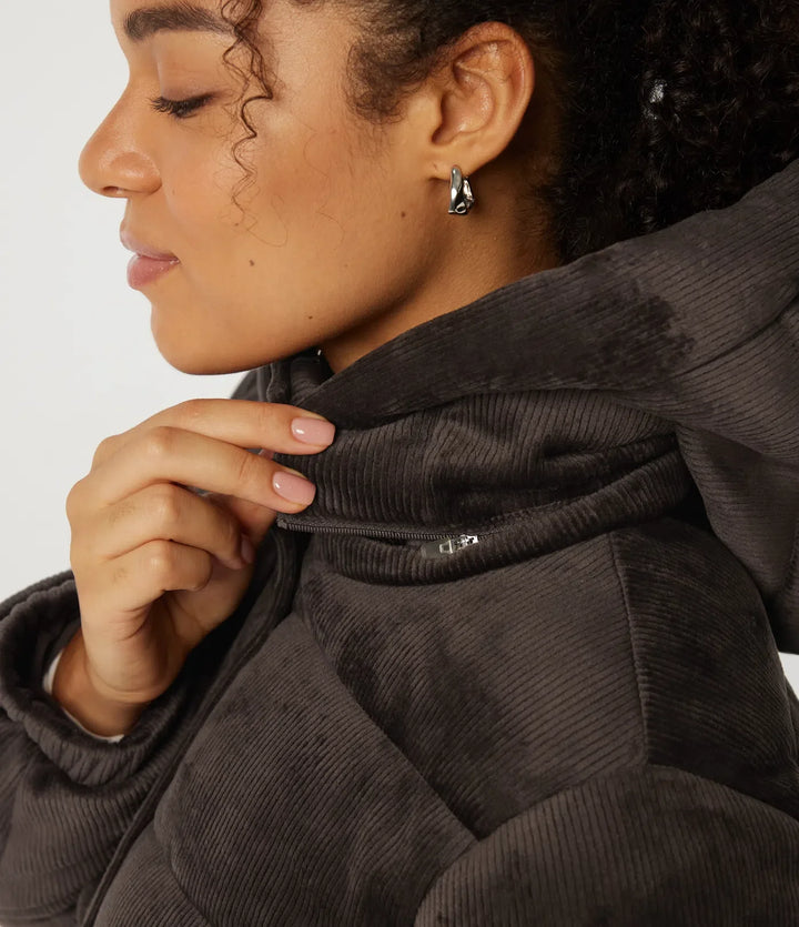 Ribbed Knit Removable Hood Long Sleeve Fleece Casual Padded Jacket with Pockets