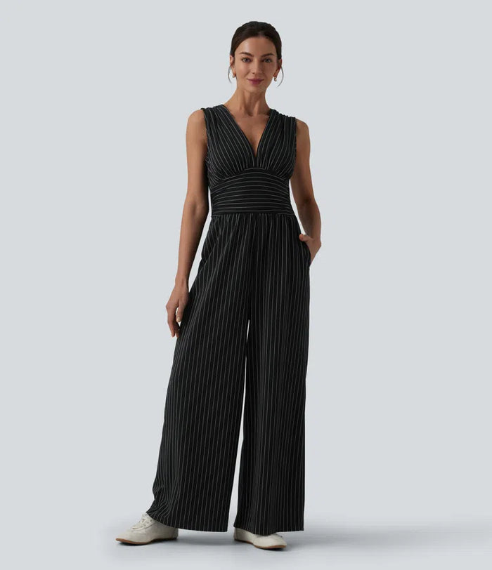 V Neck Sleeveless Ruched Stripes Work Jumpsuit with Pockets-Easy Peezy
