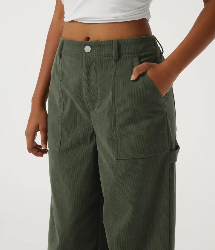 Mid Rise Wide Leg Corduroy Casual Pants with Pockets