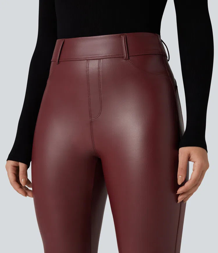 High Waisted Stretchy PU Fleece Casual Leggings with Pockets