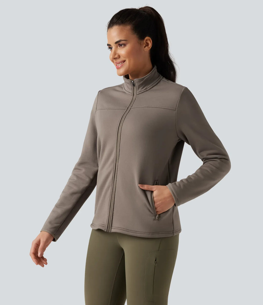 Stand Collar Long Sleeve Zip Fly Fleece Hiking Jacket with Pockets