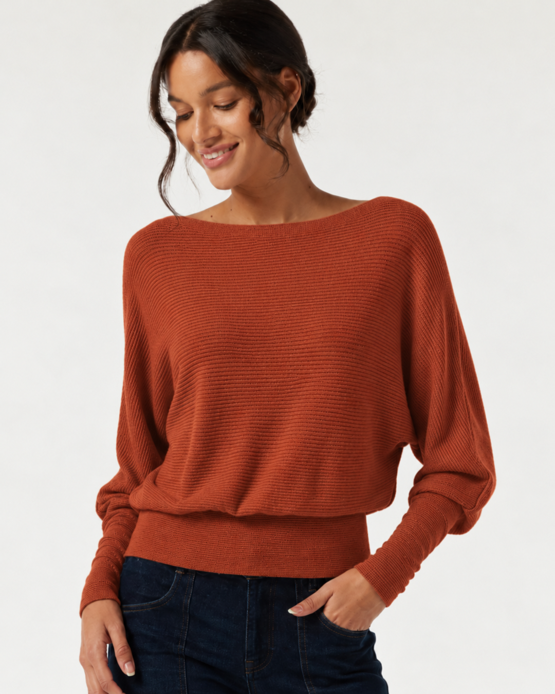 Boat Neck Batwing Long Sleeve Keyhole Back Casual Top