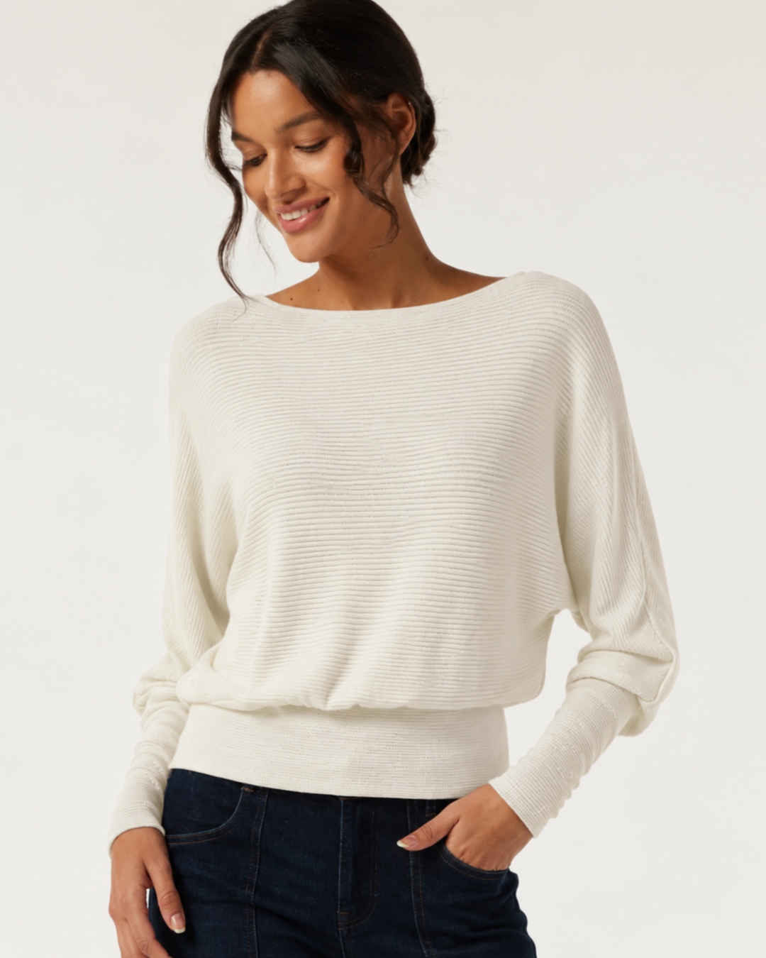 Boat Neck Batwing Long Sleeve Keyhole Back Casual Top