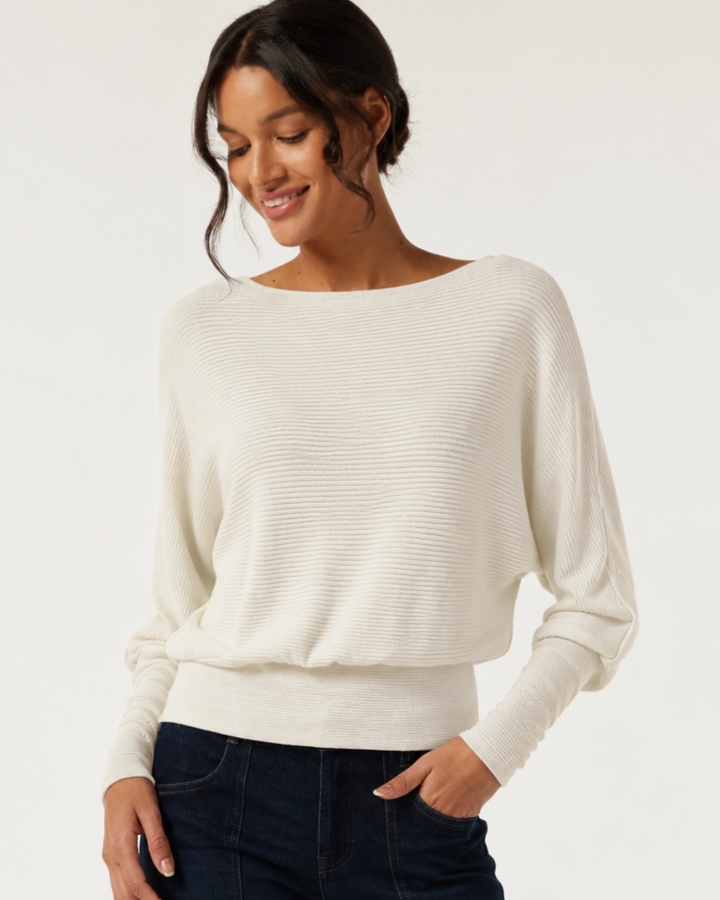 Boat Neck Batwing Long Sleeve Keyhole Back Casual Top