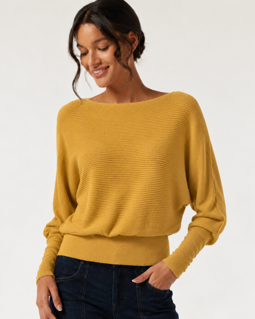 Boat Neck Batwing Long Sleeve Keyhole Back Casual Top