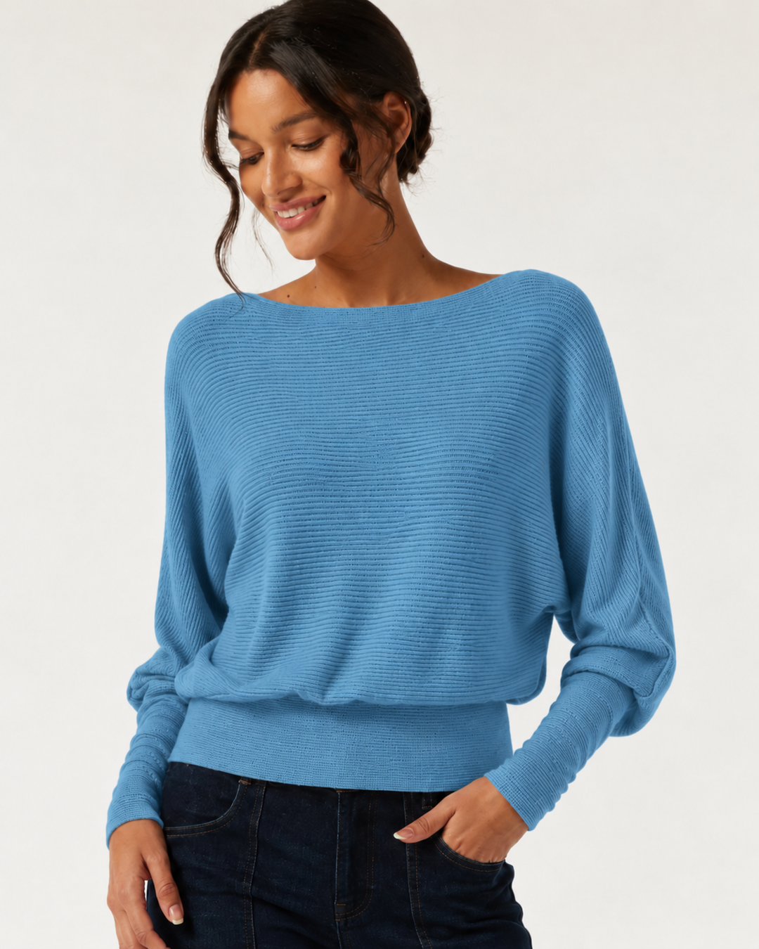 Boat Neck Batwing Long Sleeve Keyhole Back Casual Top