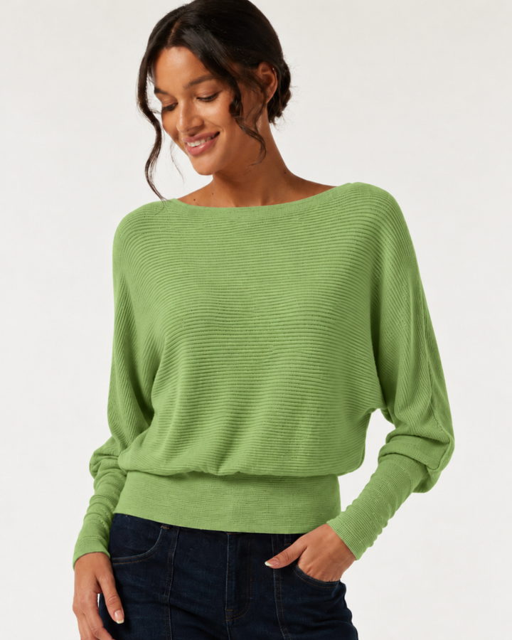 Boat Neck Batwing Long Sleeve Keyhole Back Casual Top