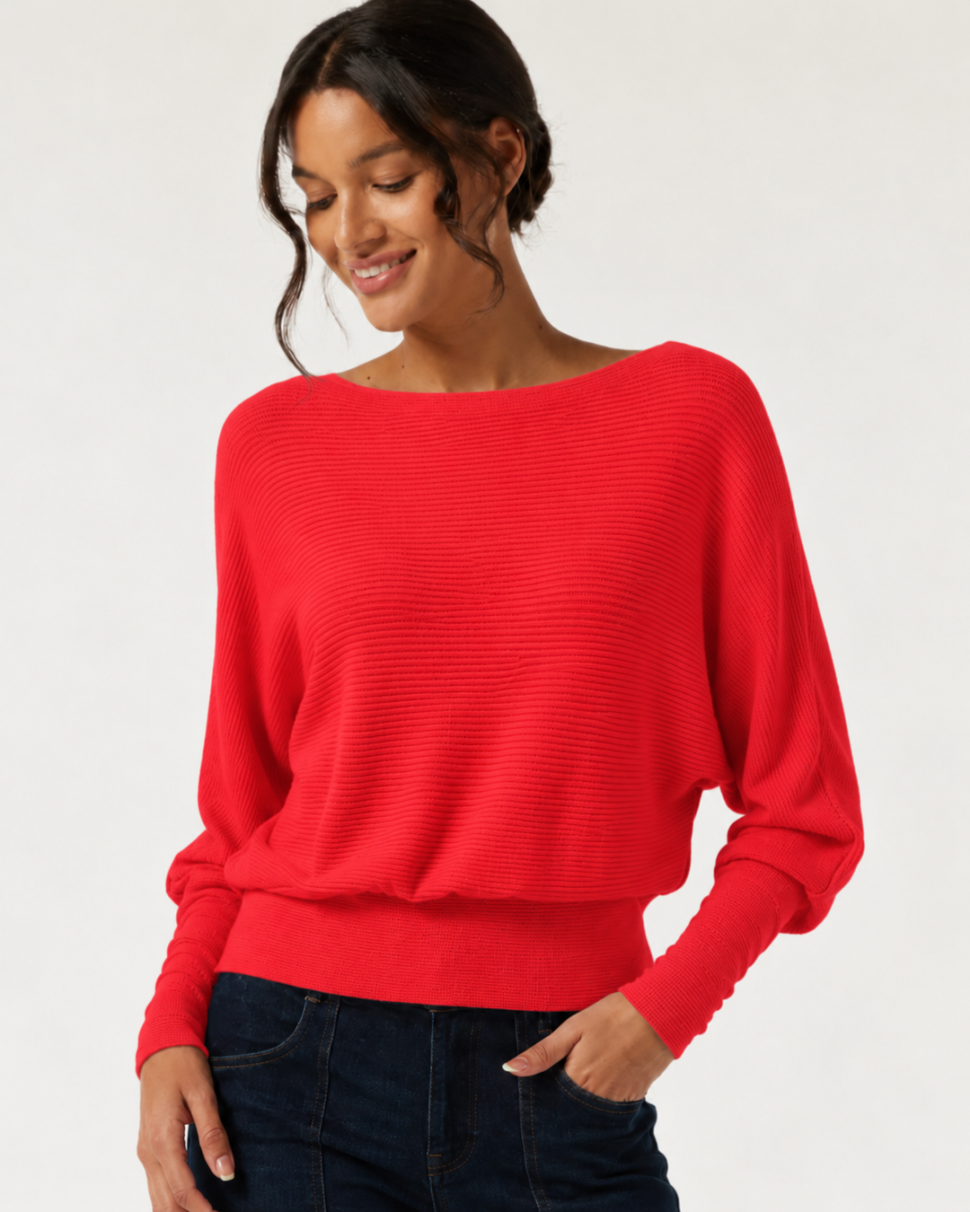 Boat Neck Batwing Long Sleeve Keyhole Back Casual Top