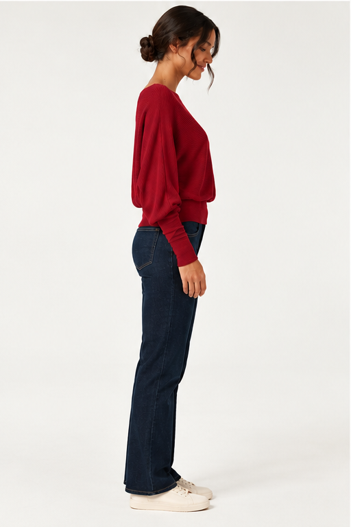 Boat Neck Batwing Long Sleeve Keyhole Back Casual Top