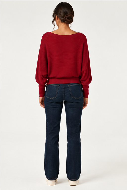 Boat Neck Batwing Long Sleeve Keyhole Back Casual Top
