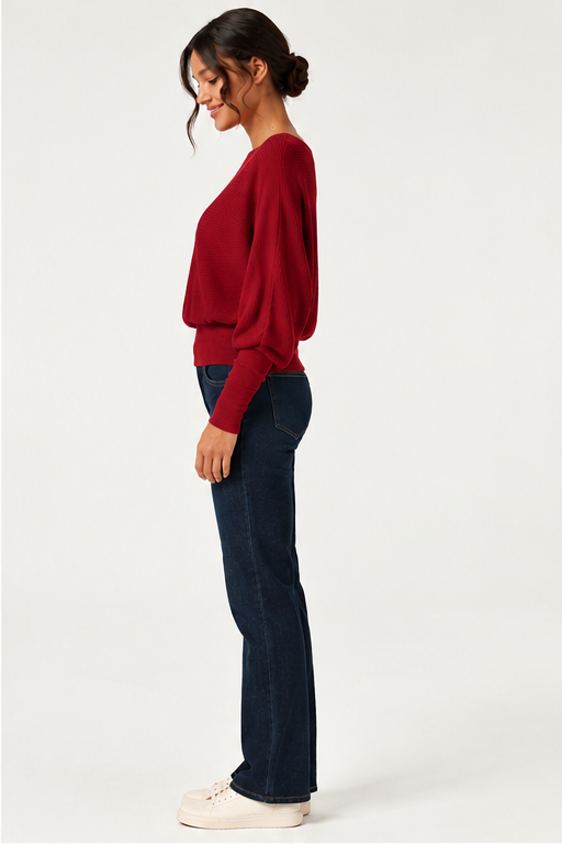Boat Neck Batwing Long Sleeve Keyhole Back Casual Top