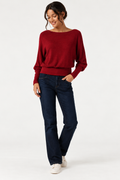 Boat Neck Batwing Long Sleeve Keyhole Back Casual Top