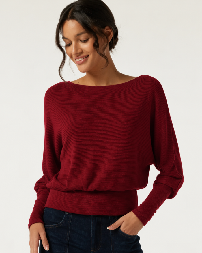 Boat Neck Batwing Long Sleeve Keyhole Back Casual Top