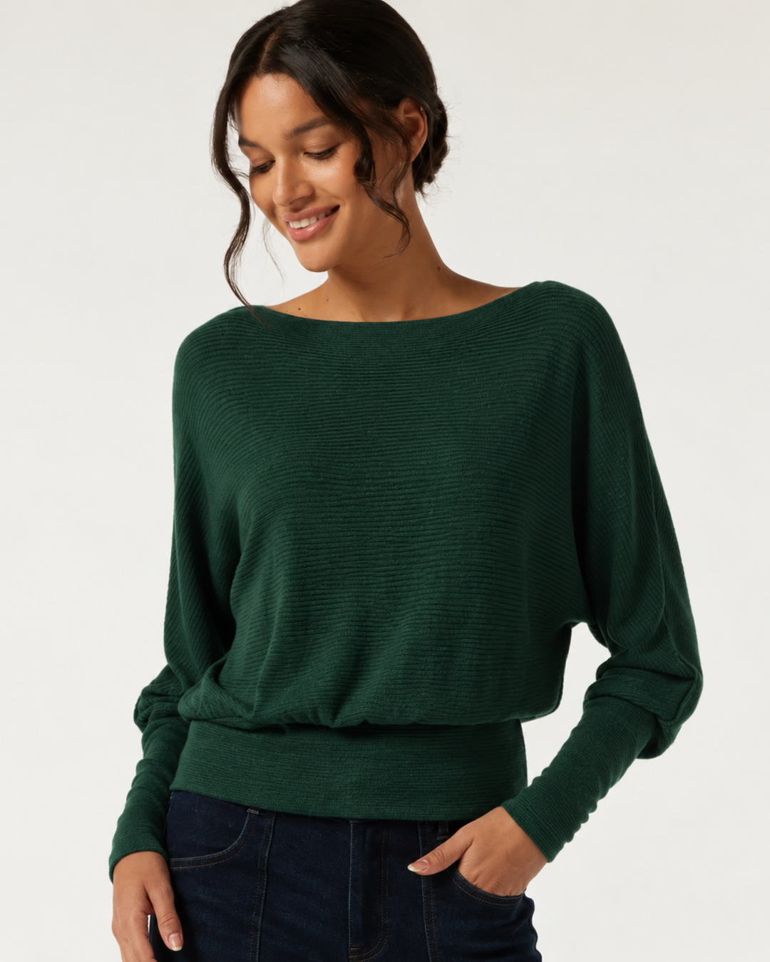 Boat Neck Batwing Long Sleeve Keyhole Back Casual Top