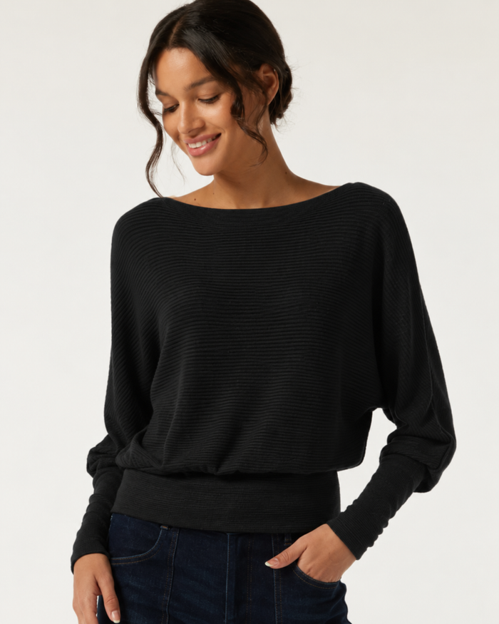 Boat Neck Batwing Long Sleeve Keyhole Back Casual Top