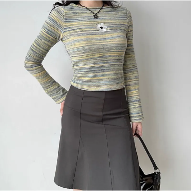 Boat Neck Bell Long Sleeve Gradient Stripe Oversized Casual Sweater