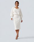 Boat Neck Puff Long Sleeve Work Sweater Dress