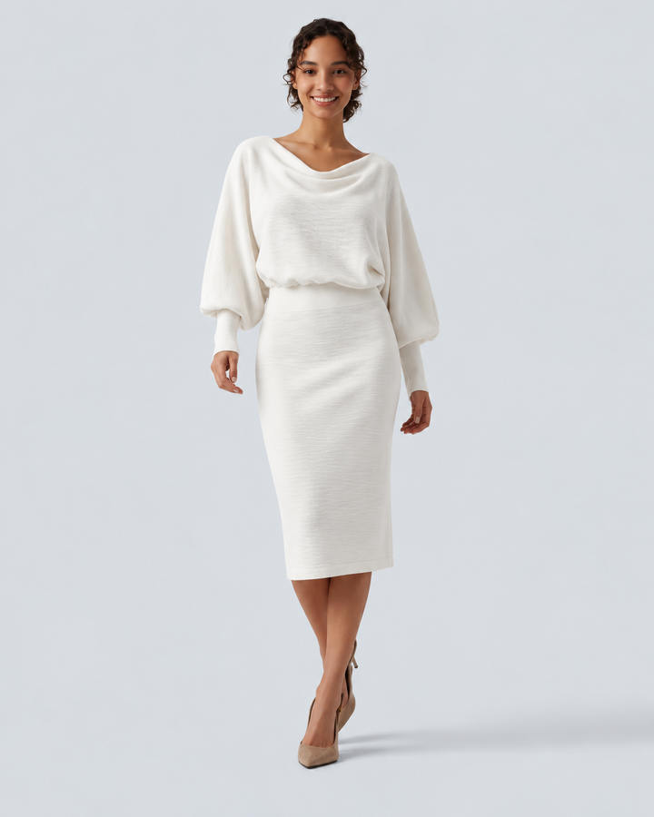 Boat Neck Puff Long Sleeve Work Sweater Dress