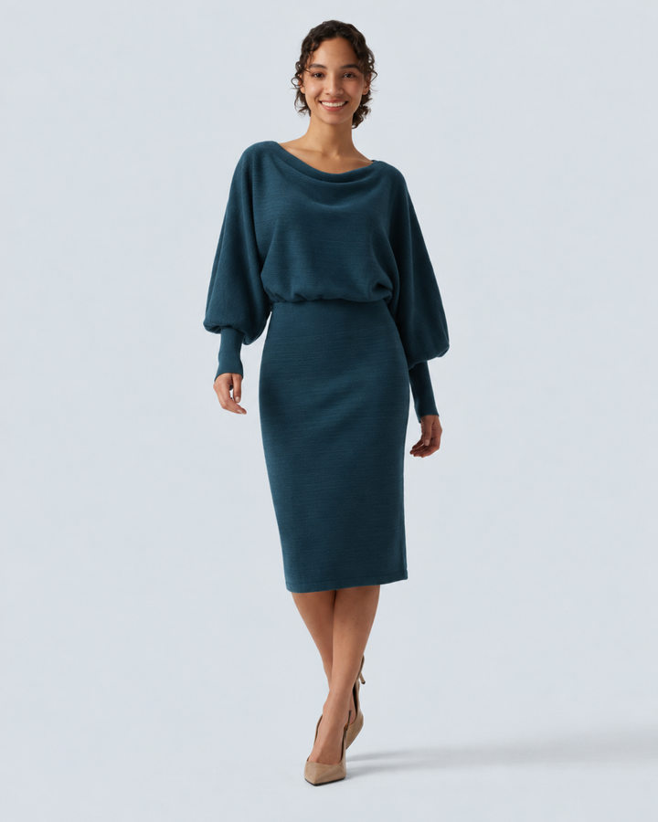 Boat Neck Puff Long Sleeve Work Sweater Dress