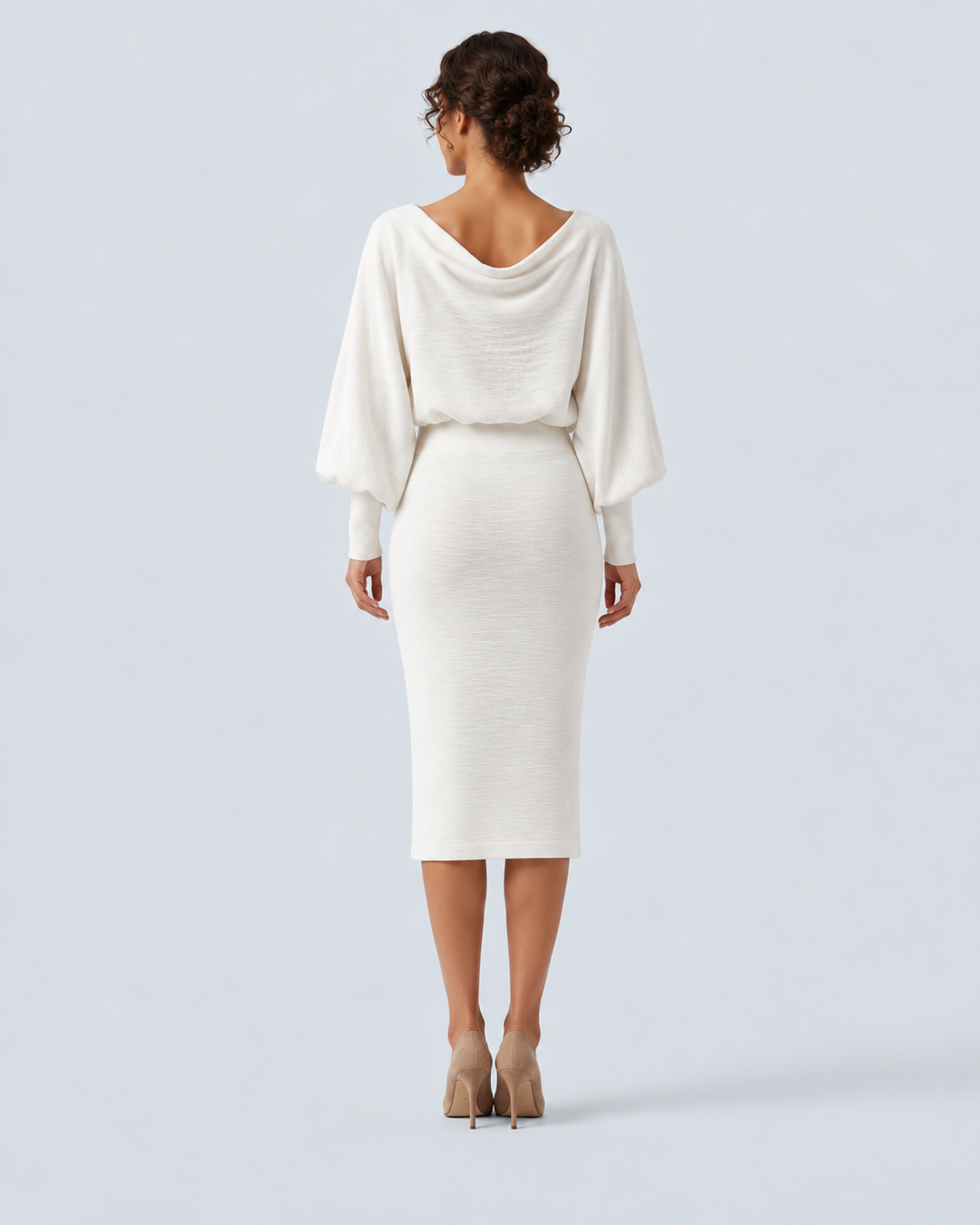 Boat Neck Puff Long Sleeve Work Sweater Dress