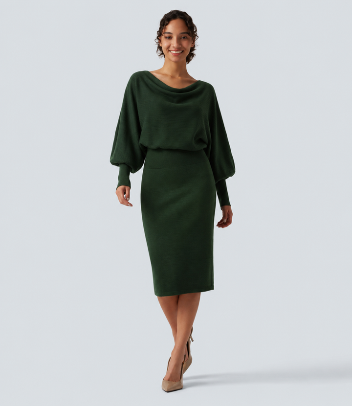 Boat Neck Puff Long Sleeve Work Sweater Dress