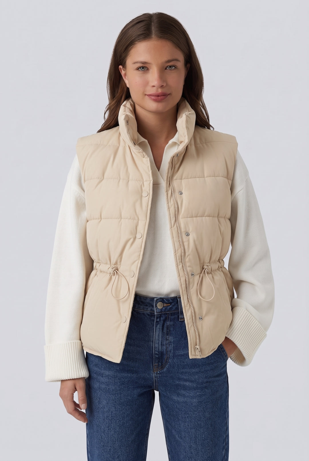 Halara Flex Denim Stand Collar Casual Puffer Vest with Pockets