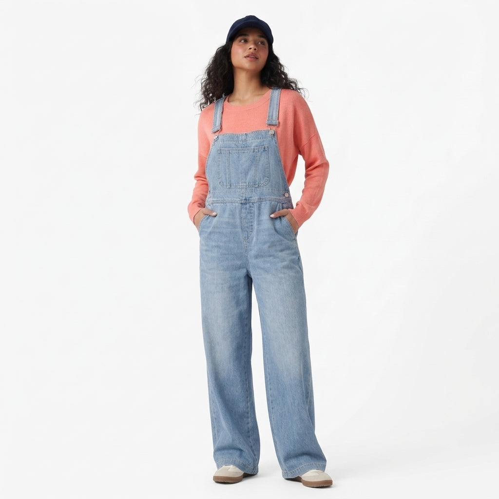 Halara Flex Square Neck Washed Denim Casual Overalls with Pockets