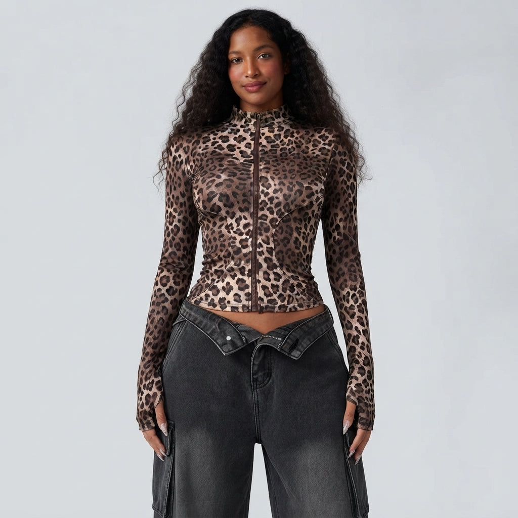Halara UltraSculpt Leopard Print Stand Collar Long Sleeve Thumb Hole Casual Jacket with Pockets