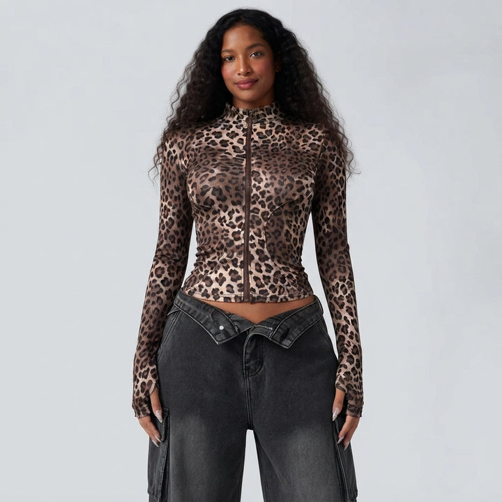 Halara UltraSculpt Leopard Print Stand Collar Long Sleeve Thumb Hole Casual Jacket with Pockets