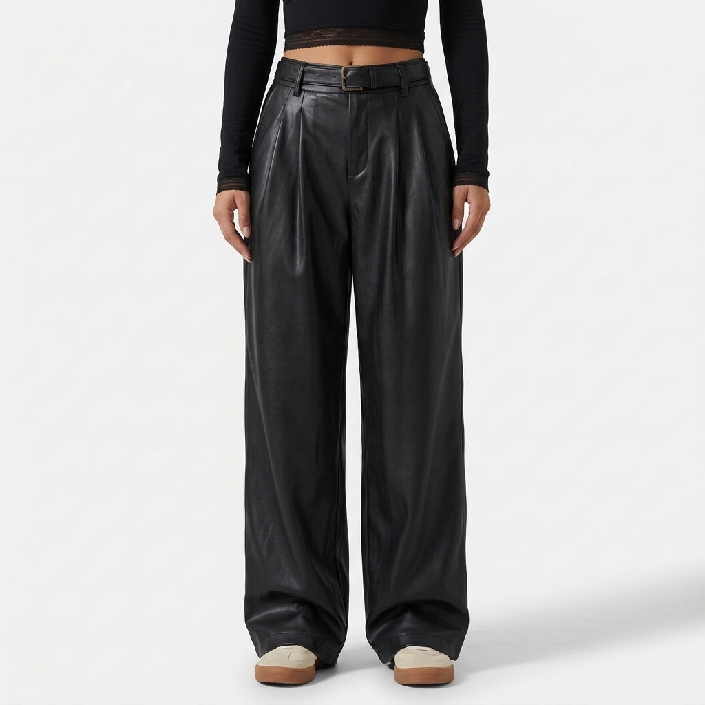 High Waisted Tapered Stretchy PU Fleece Casual Pants with Pockets