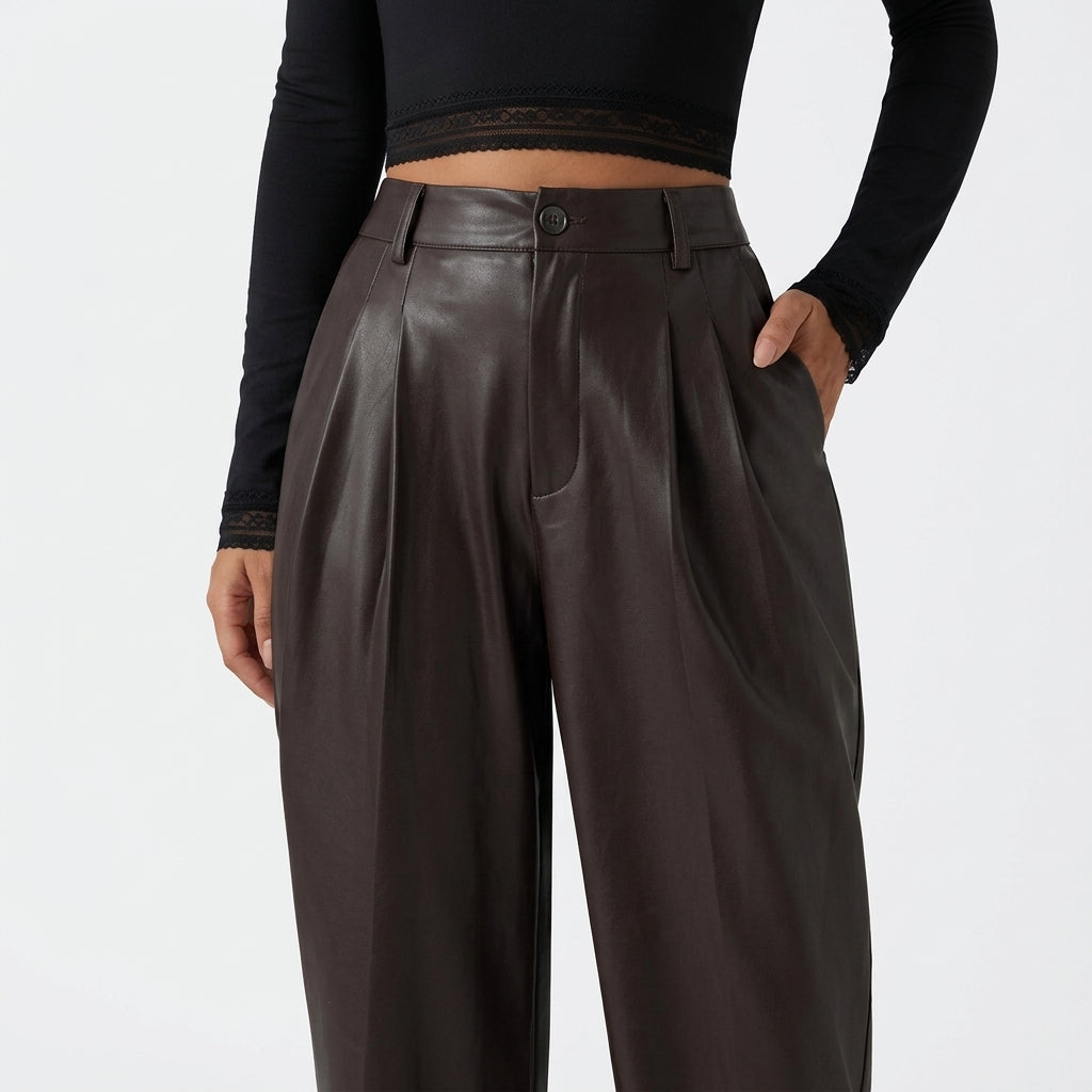 High Waisted Tapered Stretchy PU Fleece Casual Pants with Pockets