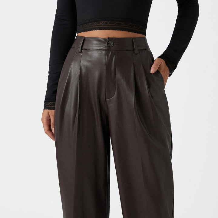 High Waisted Tapered Stretchy PU Fleece Casual Pants with Pockets