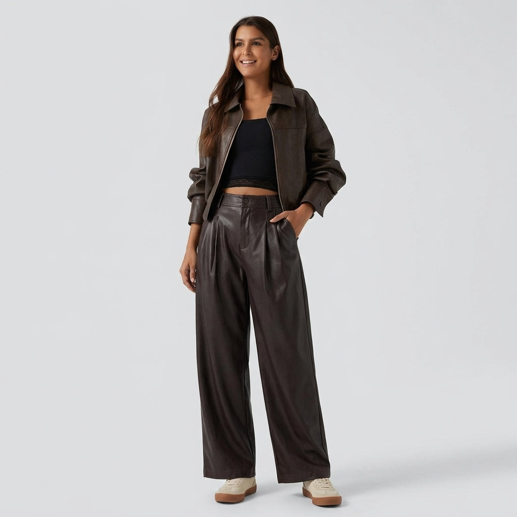 High Waisted Tapered Stretchy PU Fleece Casual Pants with Pockets
