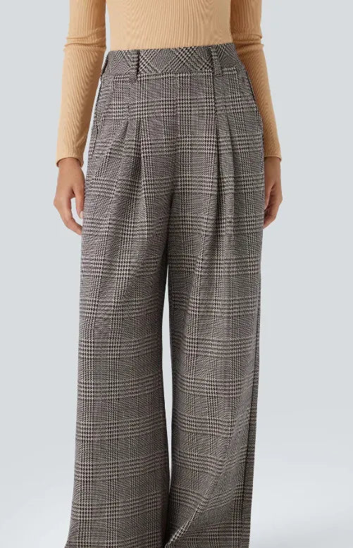High Waisted Wide Leg Plaid Casual Pants with Pockets