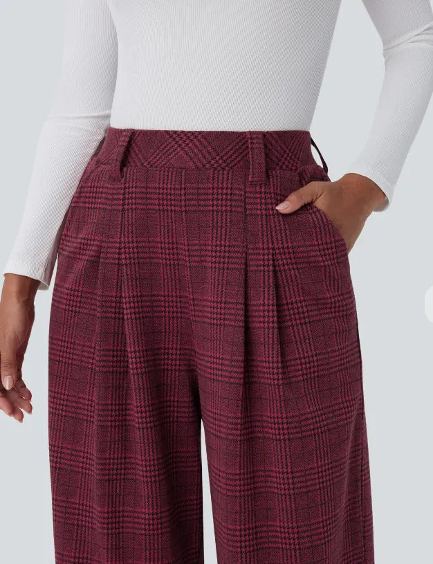 High Waisted Wide Leg Plaid Casual Pants with Pockets
