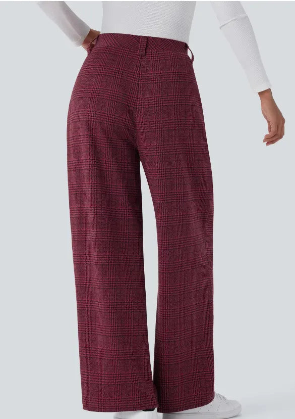 High Waisted Wide Leg Plaid Casual Pants with Pockets