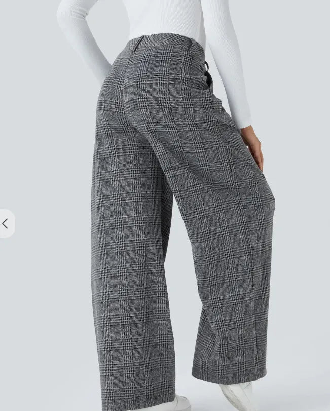 High Waisted Wide Leg Plaid Casual Pants with Pockets