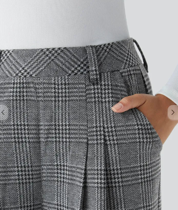 High Waisted Wide Leg Plaid Casual Pants with Pockets