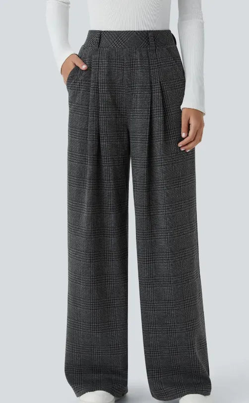 High Waisted Wide Leg Plaid Casual Pants with Pockets