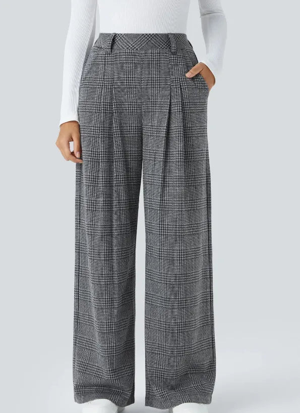 High Waisted Wide Leg Plaid Casual Pants with Pockets