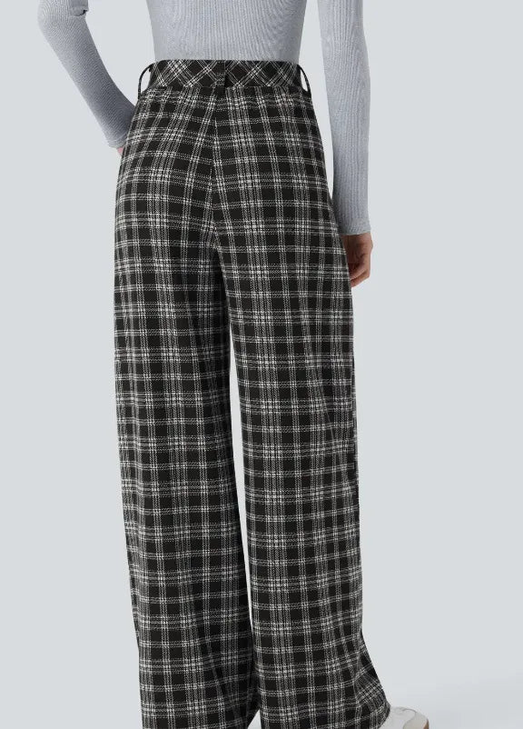 High Waisted Wide Leg Plaid Casual Pants with Pockets