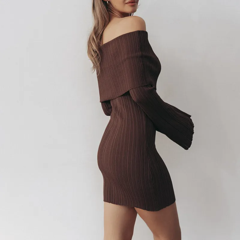 Off Shoulder Bell Long Sleeve Bodycon Mini Casual Sweater Dress